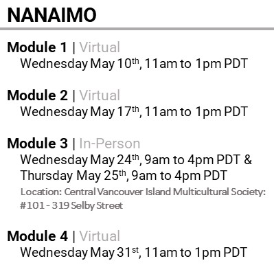 NANAIMO, Module 1, Virtual, Wednesday May 10th, 11am to 1pm PDT, Module 2, Virtual, Wednesday May 17th, 11am to 1pm PDT, Module 3, In-Person, Wednesday May 24th, 9am to 4pm PDT & Thursday May 25th, 9am to 4pm PDT,  Location: Central Vancouver Island Multicultural Society: #101 - 319 Selby Street, Module 4, Virtual, Wednesday May 31st, 11am to 1pm PDT