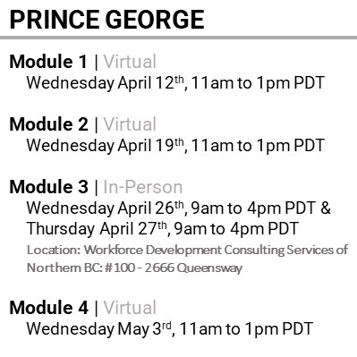 PRINCE GEORGE, Module 1, Virtual, Wednesday April 12th, 11am to 1pm PDT, Module 2, Virtual, Wednesday April 19th, 11am to 1pm PDT, Module 3, In-Person, Wednesday April 26th, 9am to 4pm PDT & Thursday April 27th, 9am to 4pm PDT , Location: Workforce Development Consulting Services of Northern BC: #100 - 2666 Queensway, Module 4, Virtual, Wednesday May 3rd, 11am to 1pm PDT