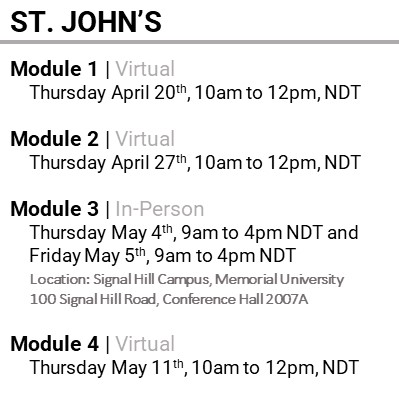 ST. JOHN’S, Module 1, Virtual, Thursday April 20th, 10am to 12pm, NDT, Module 2, Virtual, Thursday April 27th, 10am to 12pm, NDT, Module 3, In-Person, Thursday May 4th, 9am to 4pm NDT and Friday May 5th, 9am to 4pm NDT, Location: Signal Hill Campus, Memorial University 100 Signal Hill Road, Conference Hall 2007A, Module 4, Virtual, Thursday May 11th, 10am to 12pm, NDT